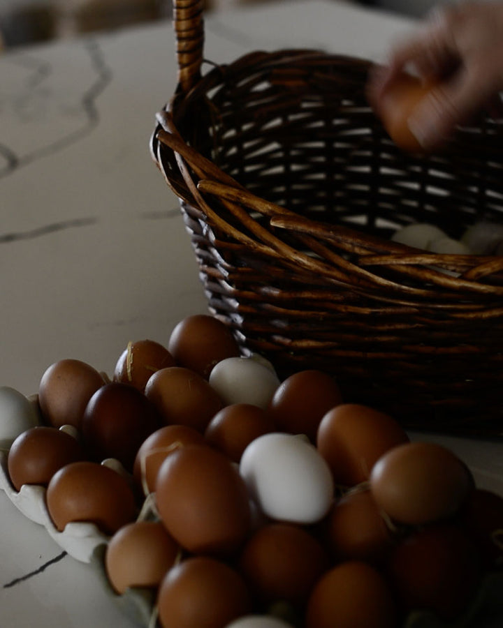 one dozen farm fresh, free range eggs